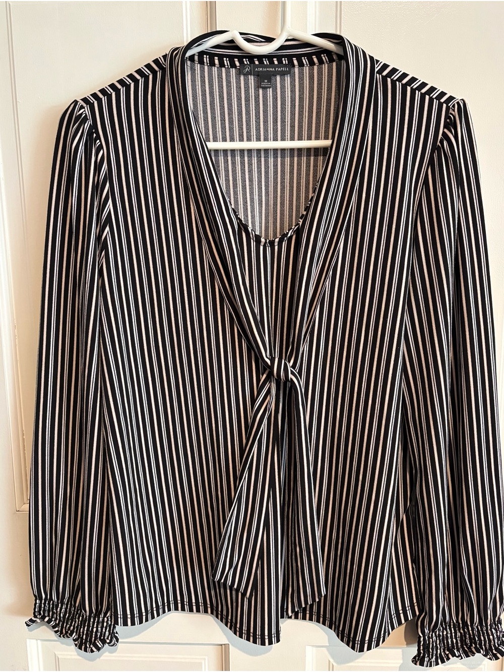Adrianna Papell Black and White Striped V-Neck Tie-Front Long Sleeve Blouse